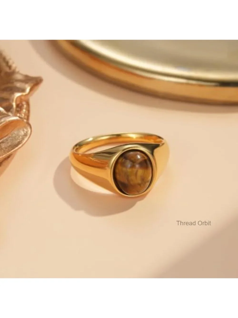 18K Gold Plated Stainless Steel Signet Ring Women Tiger Eye Statement Ring